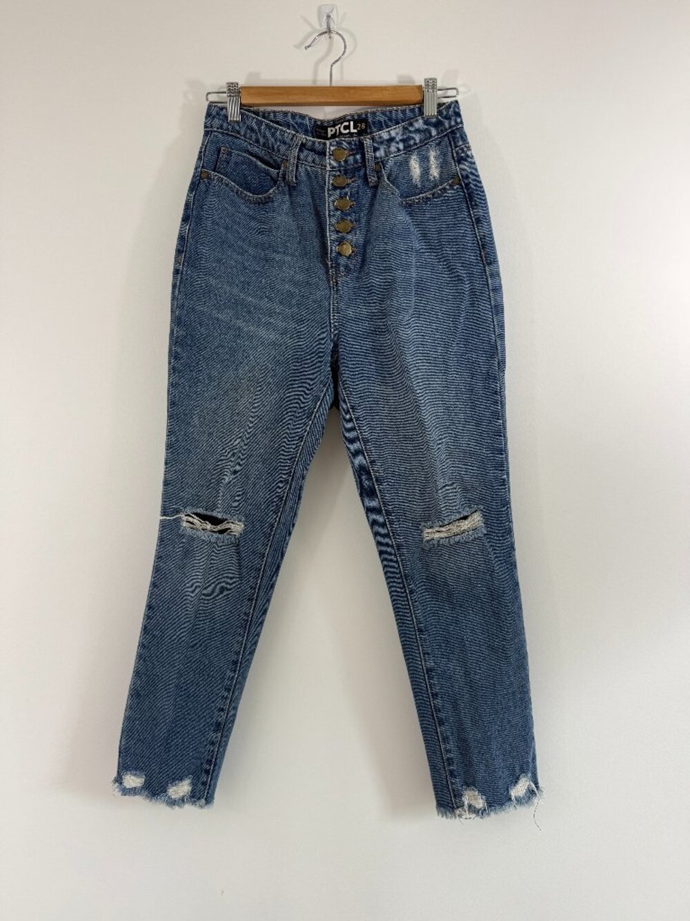 PTCL Vintage Hi-Rise Distressed Crop Mom Jeans Button Fly Size 28